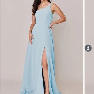 Revelry One-Shoulder Inez Bridesmaid Dress (Chiffon, light blue, size 6)